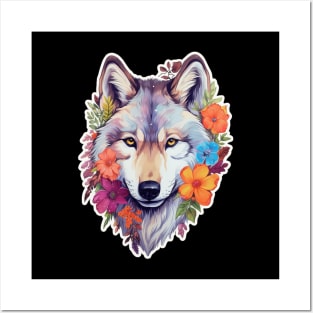 Colorful Wolf With Flowers Posters and Art
